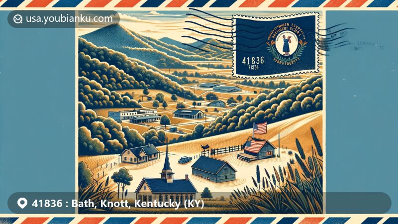 Modern illustration of Bath area, Knott County, Kentucky, featuring open air mail envelope with postcard showcasing state symbols like the flag and Hindman Settlement School.