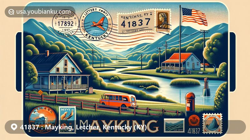 Modern illustration depicting Mayking area in Letcher County, Kentucky, showcasing postal theme with ZIP code 41837, featuring Kentucky state flag and post office elements.