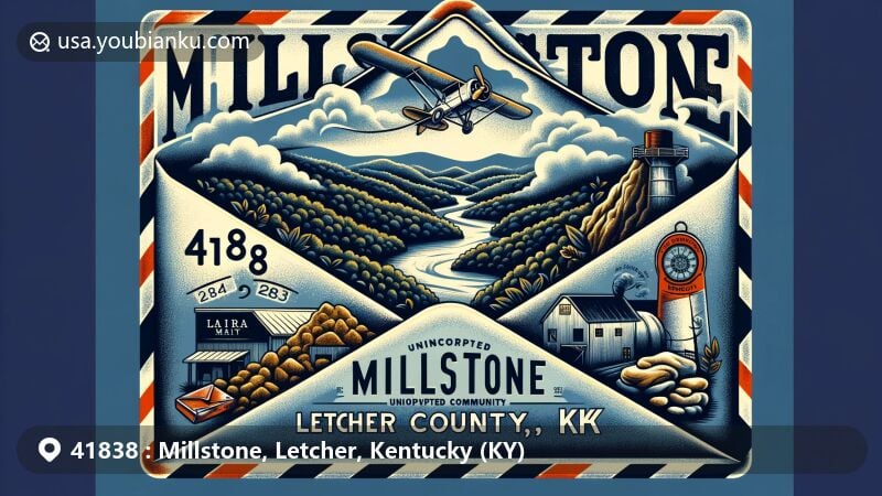 Modern illustration of Millstone, Letcher County, Kentucky, showcasing vintage air mail envelope with ZIP code 41838, featuring outline of Letcher County, Kentucky flag, and elements representing local culture and environment like rolling hills and coal mine entrance.