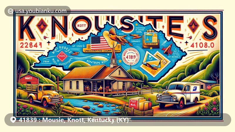Modern illustration of Mousie, Knott County, Kentucky, capturing the essence of postal service and rural beauty, featuring ZIP code 41839, vintage postal truck, and scenic Cumberland Plateau backdrop.