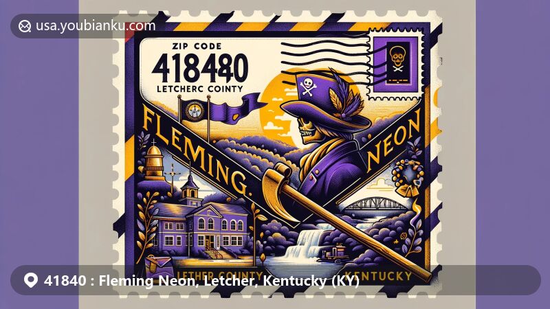 Modern illustration of Fleming-Neon, Letcher County, Kentucky, showcasing historical Fleming-Neon High School with pirate mascot and purple and gold colors, coal mining heritage elements, Bad Branch Falls, Lilley Cornett Woods, Kentucky state flag, and postal theme with ZIP code 41840.