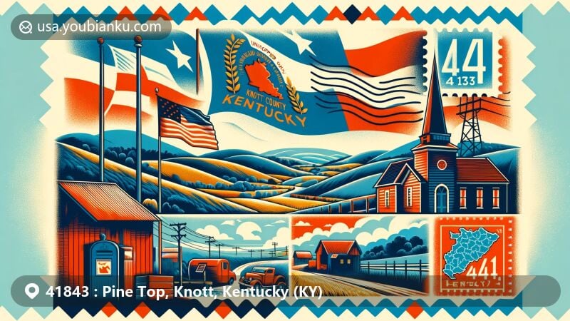 Modern illustration of Pine Top in Knott County, Kentucky, representing ZIP code 41843 with a blend of geographical features and postal elements, featuring Kentucky's rolling hills, state flag, vintage airmail envelope with a map of Knott County, and prominent display of ZIP code 41843.