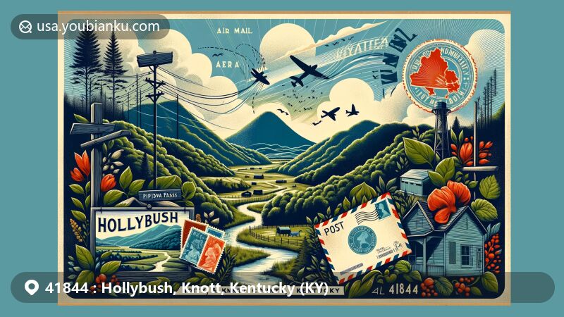 Modern illustration of Hollybush and Pippa Passes, Knott County, Kentucky, capturing the essence of ZIP code 41844 with Caney Fork valley, local flora, vintage air mail theme, and subtle Kentucky symbols.