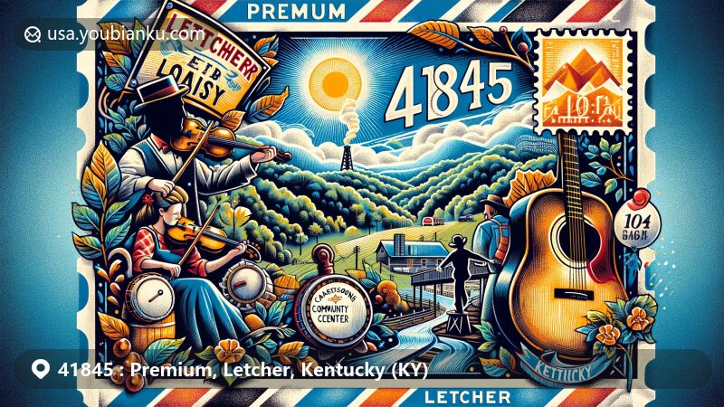 Modern illustration of Premium, Letcher County, Kentucky, showcasing mountainous landscape, banjo, fiddle, and square dancing at Carcassonne Community Center, highlighting coal mining history and scenic beauty, in a vintage air mail envelope with ZIP code 41845.