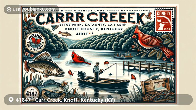 Modern illustration of Carr Creek, Knott County, Kentucky, in a postal theme, featuring state park's natural beauty, Kentucky cardinal, walleye fishing, and coal mining symbols.