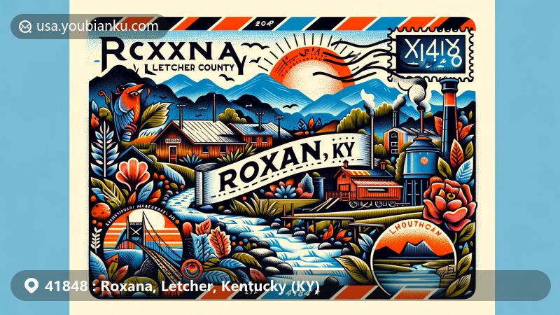 Modern illustration of Roxana, Letcher County, Kentucky, representing ZIP code 41848, featuring Appalachian mountains, coal mining heritage, and local arts and music traditions.