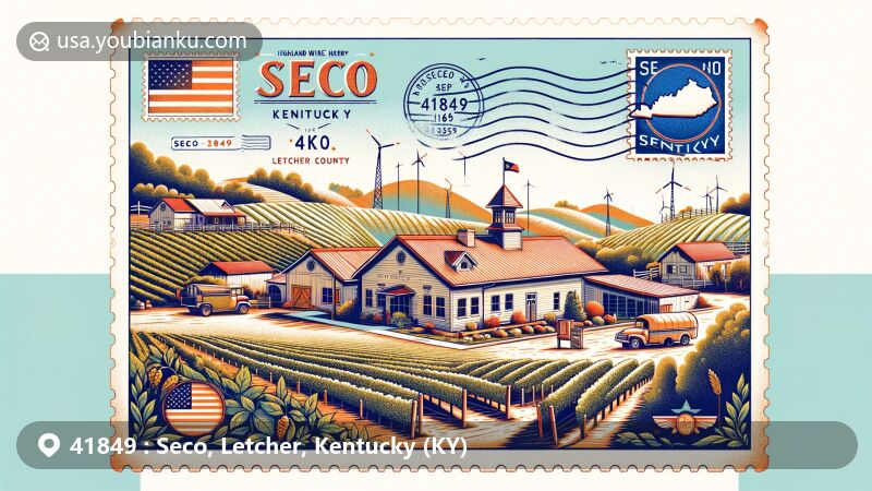 Modern illustration of Seco, Letcher, Kentucky, postal theme with ZIP code 41849, featuring Highland Winery surrounded by vineyards and hills, capturing the natural beauty and tranquility of the area.