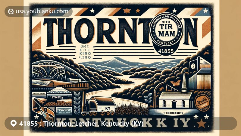 Modern illustration of Thornton, Kentucky, showcasing Cumberland Plateau Region's natural beauty, incorporating rolling hills, forests, and coal mining heritage, with subtle Kentucky state elements and postal theme with ZIP code 41855. Features Letcher County landmarks and historical richness.