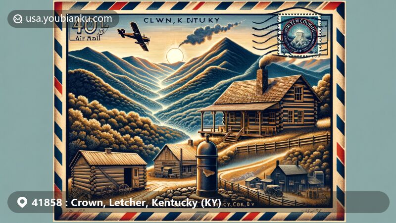 Creative illustration of Crown, Letcher, Kentucky, showcasing postal theme with ZIP code 41858, featuring mountain landscapes, historic sites, and local landmarks.