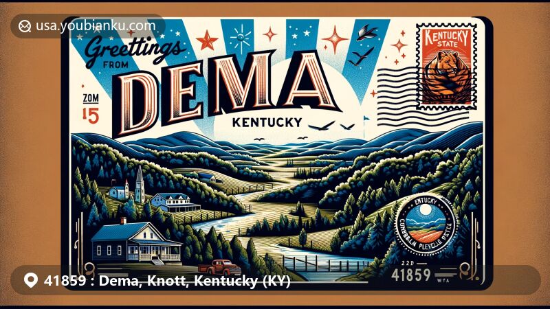 Modern illustration of Dema, Kentucky, showcasing postal theme with ZIP code 41859, featuring Cumberland Plateau Region and Kentucky state symbols.