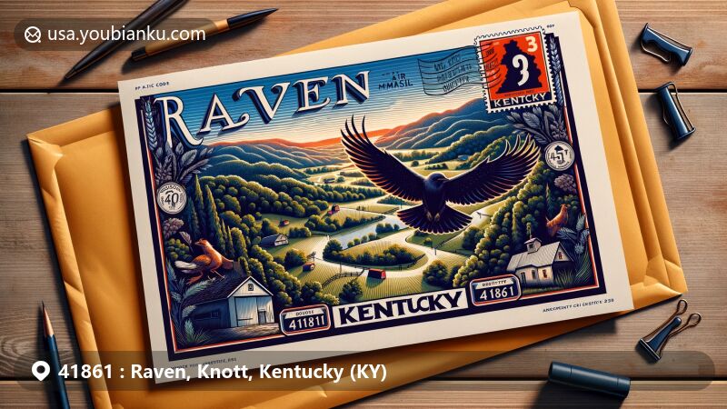 Modern illustration of Raven, Knott County, Kentucky, featuring a stylish air mail envelope with a detailed depiction of the area's landscape, including rolling hills and dense forests. Kentucky state flag and Knott County outline incorporated. ZIP code 41861 displayed prominently.