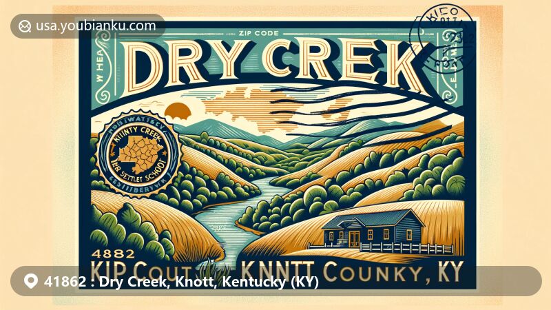 Modern illustration of Dry Creek, Knott County, Kentucky, emphasizing geographical and cultural heritage with lush landscapes and mountains, featuring Hindman Settlement School and vintage airmail envelope.