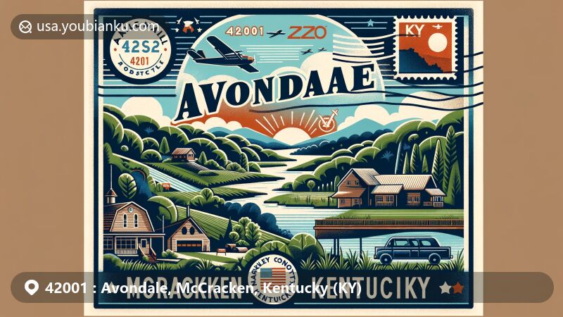 Vintage-style illustration of Avondale, McCracken County, Kentucky, featuring rich natural scenery with lakes, streams, and lush greenery, along with iconic landmarks like the Barkley Regional Airport and Kentucky state symbols.