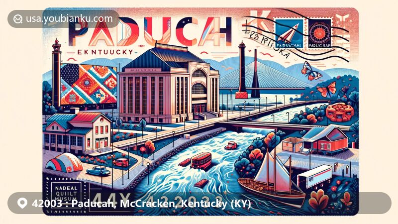 Modern illustration of Paducah, Kentucky, depicting ZIP code 42003, featuring landmarks like the National Quilt Museum and the confluence of the Tennessee and Ohio rivers, with postal elements like air mail envelope, stamps, and postmark.