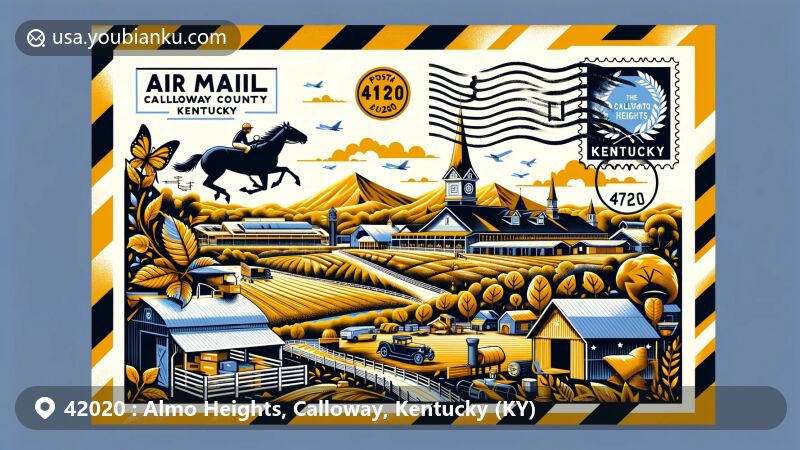 Modern illustration of Almo Heights, Calloway County, Kentucky, blending postal theme with iconic Kentucky symbols like Churchill Downs and Buffalo Trace Distillery, depicting rural charm and tranquility.