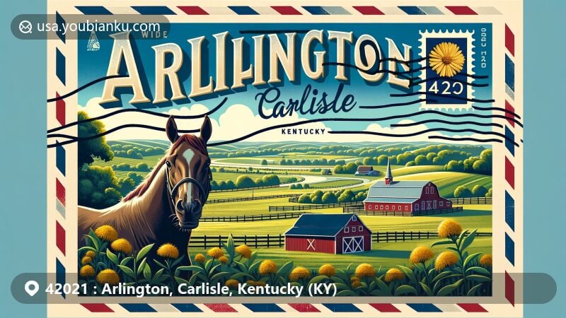 Modern illustration of Arlington, Carlisle, Kentucky (KY) postal theme with ZIP code 42021, featuring bluegrass fields, thoroughbred horse, goldenrod flowers, red barn, and rolling hills under clear blue sky.