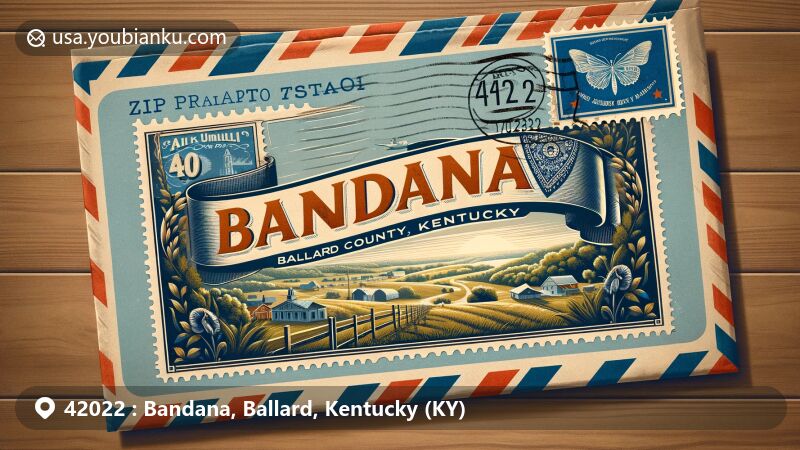 Modern illustration of Bandana, Ballard County, Kentucky, featuring vintage air mail envelope with rural landscape, Fort Jefferson Memorial Cross, Kentucky state flag, postal elements, and nostalgic design.
