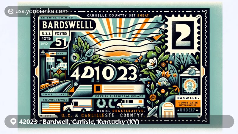 Modern illustration of Bardwell, Carlisle County, Kentucky, featuring postal theme with ZIP code 42023, highlighting county seat status and connectivity via U.S. Routes 51 and 62, subtly referencing humid subtropical climate.