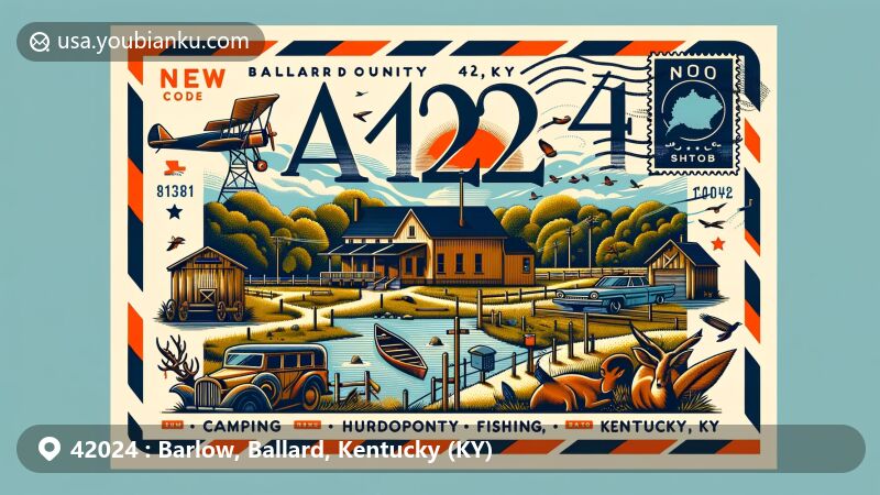 Modern illustration of Barlow, Ballard County, Kentucky, highlighting ZIP code 42024, featuring vintage postcard design with names Barlow, Ballard County, and Kentucky (KY), showcasing Barlow Bottoms, Kentucky’s Smallest Jail, local wildlife, and scenic views.