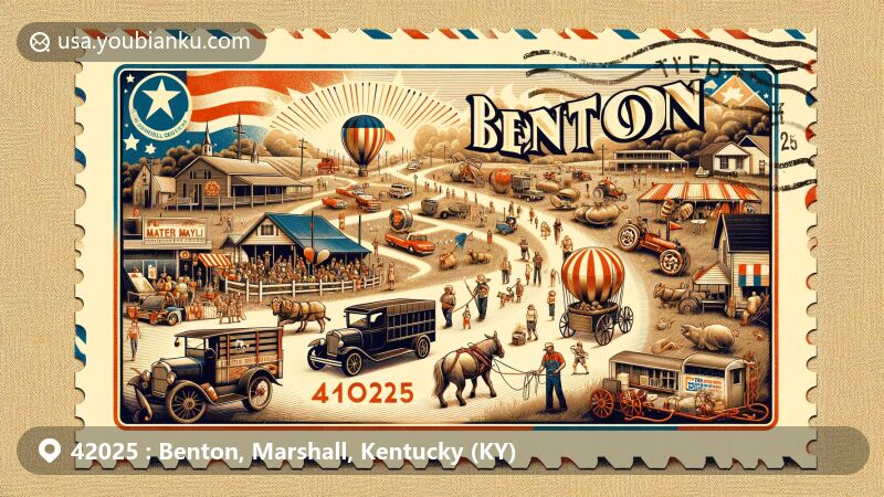 Creative illustration of ZIP Code 42025, Benton, Marshall County, Kentucky, featuring Tater Day festivities with carnival rides, games, market, potato eating contest, mule pulls, and parade floats, showcasing community spirit and agricultural heritage.