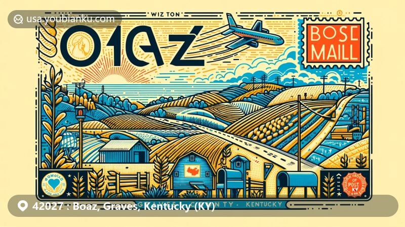 Modern illustration of Boaz, Graves County, Kentucky, showcasing postal theme with ZIP code 42027, featuring symbolic representations of rolling hills, agriculture, and local geographical features, along with vintage air mail elements and a nostalgic mailbox.