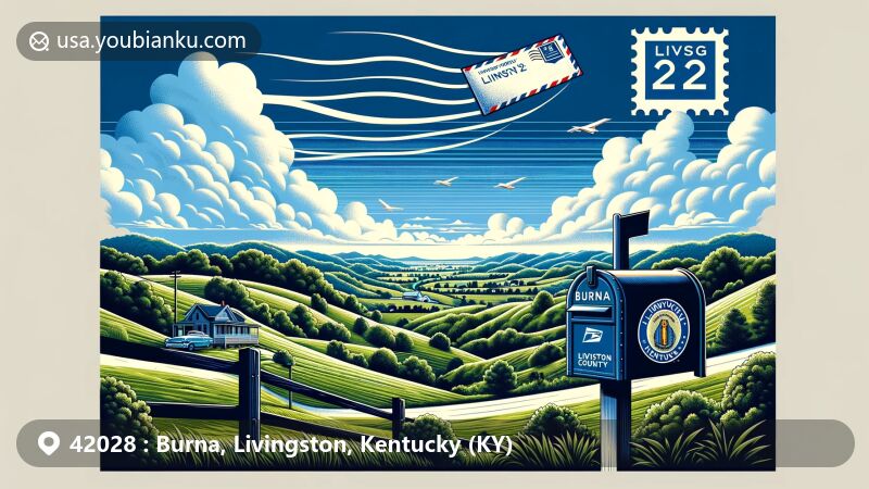 Modern illustration of Burna, Livingston County, Kentucky, featuring a vintage air mail envelope with ZIP code 42028, flying over the lush central Kentucky landscape.
