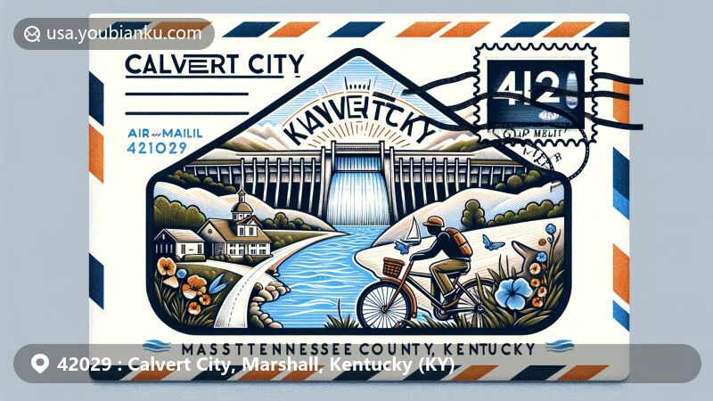 Modern illustration of Calvert City, Kentucky, showcasing postal theme with ZIP code 42029, featuring Kentucky Dam, Tennessee River, and bicycle-friendly community elements.