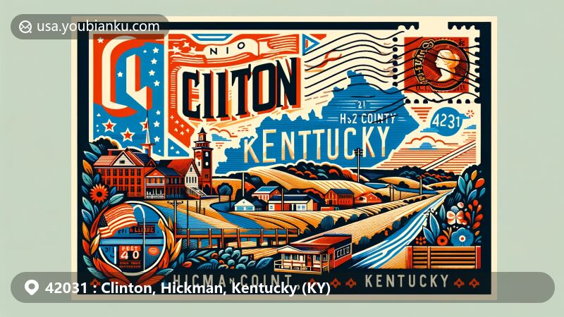 Modern postcard illustration of Clinton, Hickman County, Kentucky, representing ZIP code 42031, featuring iconic elements like Hickman County outline, a tribute to Clinton's history, and a vibrant, artistic style.