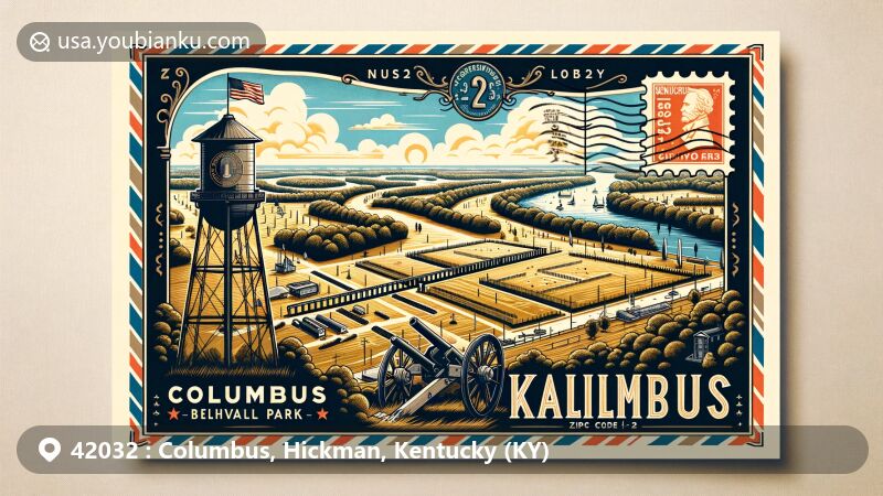 Modern illustration of Columbus, Hickman County, Kentucky, depicting historical Columbus-Belmont State Park with Civil War earthworks and the Mississippi River, featuring iconic anchor and chain, water tower, and vintage air mail envelope design with Kentucky state flag stamp and ZIP code 42032.