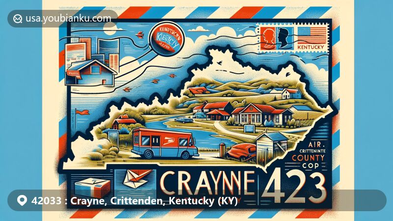Modern illustration of Crayne, Kentucky, highlighting postal theme with ZIP code 42033, featuring elements of the Kentucky state flag, Crittenden County outline, and postal symbols like stamps and a postmark.