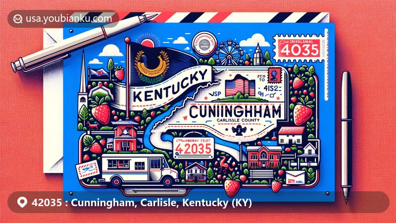 Creative illustration of Cunningham, Carlisle, Kentucky, featuring the ZIP code 42035, showcasing state flag, Carlisle County map, strawberries, Cunningham Strawberry Festival, airmail envelope with postal elements like stamps, postmark, mailbox, and mail truck.