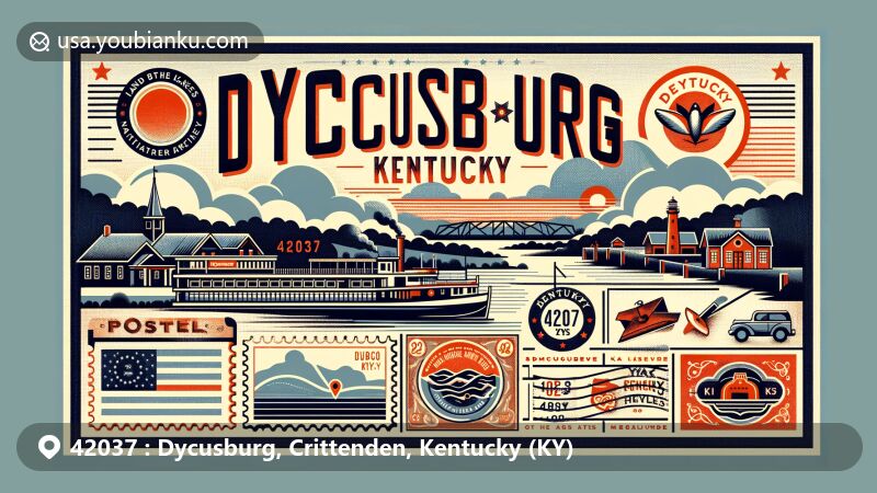 Modern illustration of Dycusburg, Kentucky, capturing postal and regional essence with Cumberland River, Lake Barkley, and vintage steamboat. Featuring Land Between the Lakes area and 42037 ZIP code.