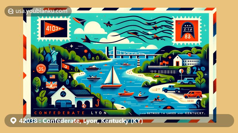 Modern illustration of Confederate, Lyon, Kentucky, postal theme with ZIP code 42038, featuring Lake Barkley, Barkley Dam, and Land Between The Lakes National Recreation Area.