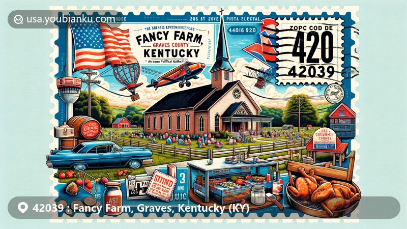 Modern illustration of Fancy Farm, Graves County, Kentucky, featuring St. Jerome Catholic Church and annual picnic, highlighting community's festive atmosphere with traditional fair elements like barbecue, bingo, and raffle.