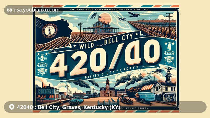 Modern illustration of Bell City, Graves County, Kentucky, inspired by vintage postcard design, featuring Kentucky state flag, Graves County map outline, and rural symbols like tobacco fields. Includes postal elements with ZIP Code 42040 and nods to historic agriculture and Black Patch Tobacco Wars.