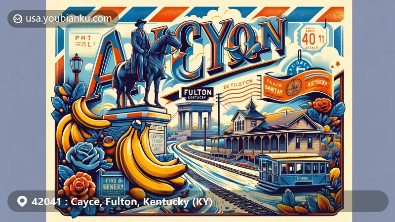 Vintage-inspired illustration of Cayce and Fulton, Kentucky, featuring ZIP code 42041, Casey Jones monument, and references to Fulton as the 'Banana Capital of the World', with Kentucky state symbols.