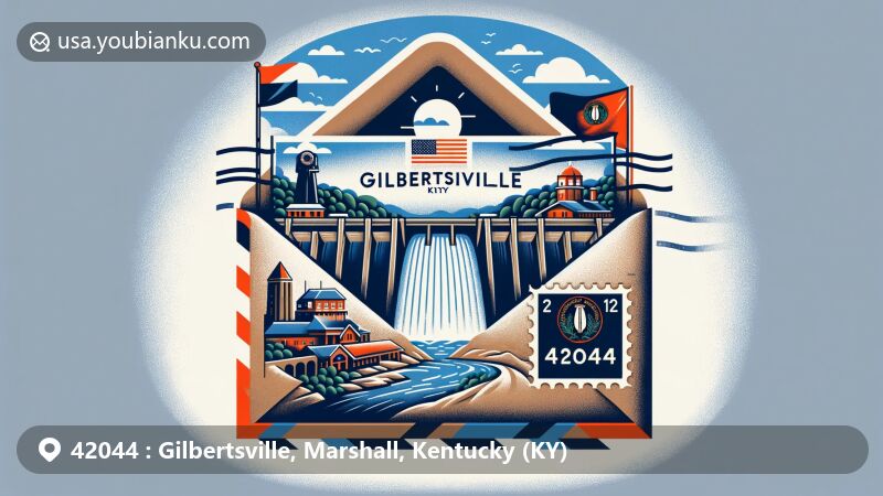 Modern illustration of Gilbertsville, Kentucky, featuring the iconic Kentucky Dam with ZIP code 42044, showcasing a creatively designed postal envelope with the state flag and unique stamp design.