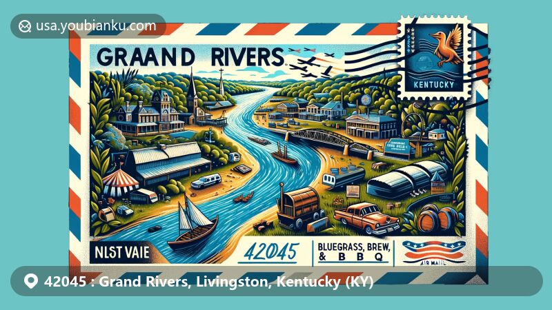 Modern illustration of Grand Rivers, Kentucky, featuring air mail envelope design and elements from Bluegrass, Brew, & BBQ Festival, with Kentucky state stamp, postal mark, and ZIP code 42045.
