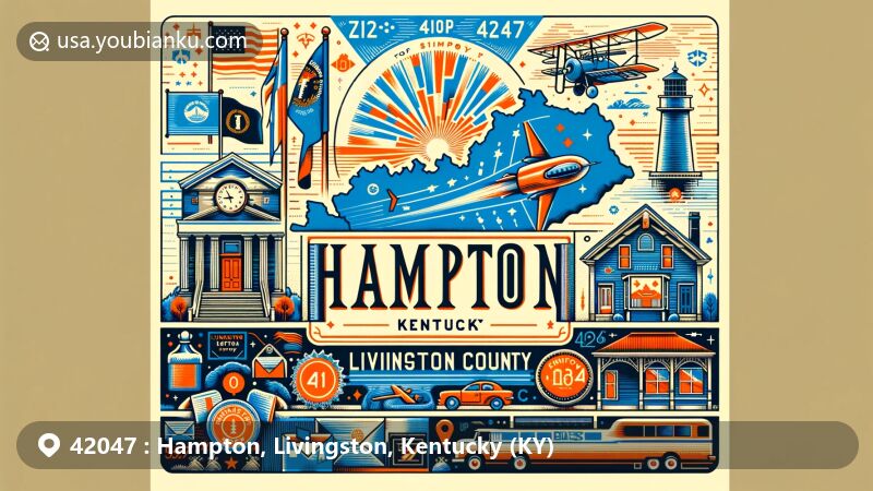 Modern illustration of Hampton, Livingston County, Kentucky, with ZIP code 42047, featuring Kentucky state symbols and postal elements, showcasing regional charm and postal heritage.