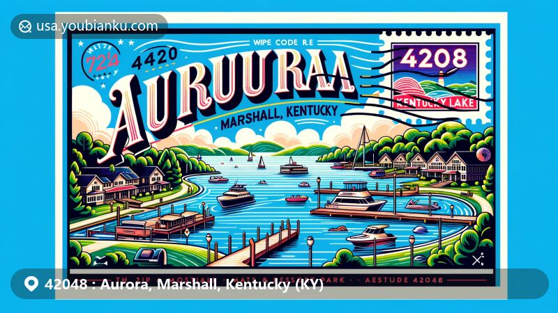 Modern illustration of Aurora, Marshall County, Kentucky, showcasing postal theme with ZIP code 42048, featuring Kentucky Lake and Kenlake State Resort Park.