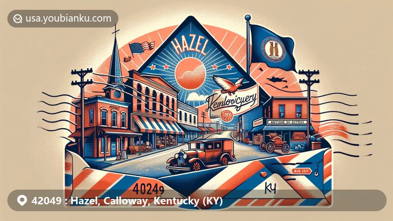 Modern illustration of Hazel, Calloway County, Kentucky, featuring vintage air mail envelope with elements of Hazel, including Kentucky state flag and Calloway County silhouette.