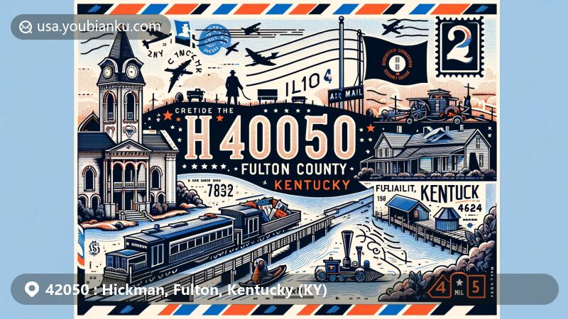 Modern illustration of Hickman, Fulton County, Kentucky, showcasing county seat on the Mississippi River, Confederate Memorial Gateway, and state symbols like the flag.