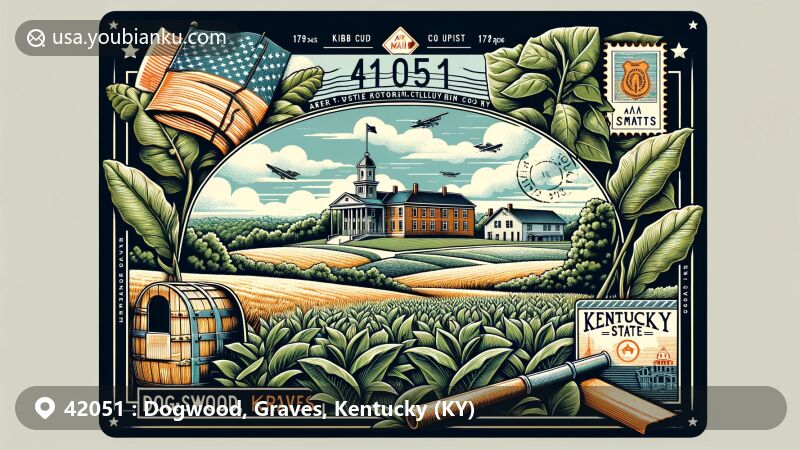 Modern illustration of Dogwood, Graves County, Kentucky, highlighting ZIP code 42051, featuring landscape around Hickory, Graves County historical significance, and symbols of Kentucky.