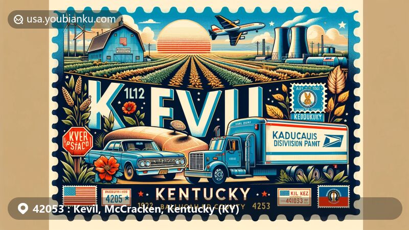 Modern illustration of Kevil, Ballard County, Kentucky, showcasing agricultural landscapes and postal theme with ZIP code 42053, featuring Eagle Rest Plantation, Paducah Gaseous Diffusion Plant, and Kentucky state symbols.