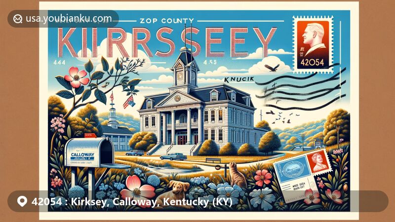 Modern illustration of Kirksey, Calloway County, Kentucky, featuring postal theme with ZIP code 42054, showcasing Calloway County Courthouse and local flora, representing Kentucky's natural charm.