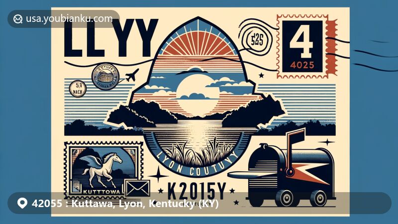 Modern illustration of Kuttawa, Lyon County, Kentucky, incorporating ZIP code 42055, featuring symbolic representation of Lake Barkley, Lyon County outline, vintage postcard with landmark, and postal theme elements.