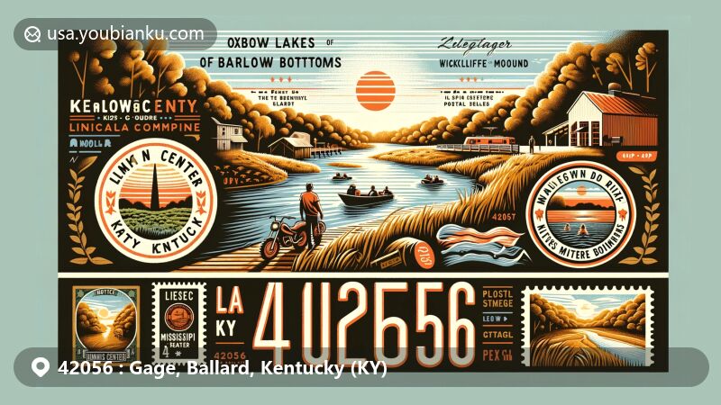 Modern illustration of La Center, Ballard County, Kentucky, highlighting outdoor recreation with Oxbow Lakes of Barlow Bottoms, Wickliffe Mounds, and Mississippi River ATV Trails, incorporating vintage postcard and postal elements.