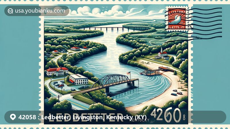 Modern illustration of Ledbetter, Kentucky, showcasing scenic postcard design with Ohio River view, U.S. Route 60, lush landscape, and postal theme with ZIP code 42058.