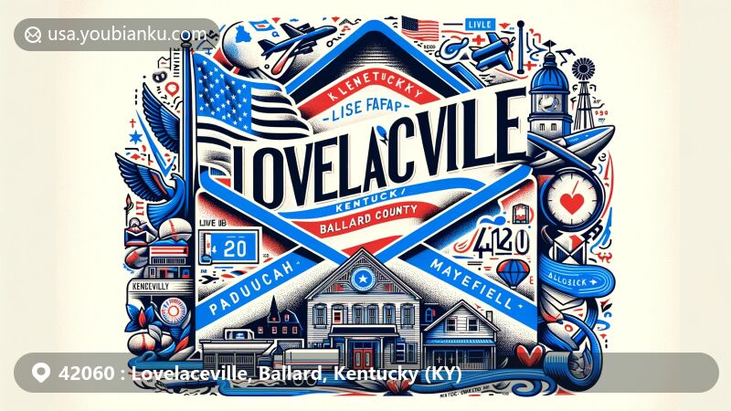 Modern illustration of Lovelaceville, Ballard County, Kentucky, showcasing postal theme with ZIP code 42060, featuring Kentucky state flag, Ballard County outline, and cultural symbols representing Paducah, Mayfield, and La Center.