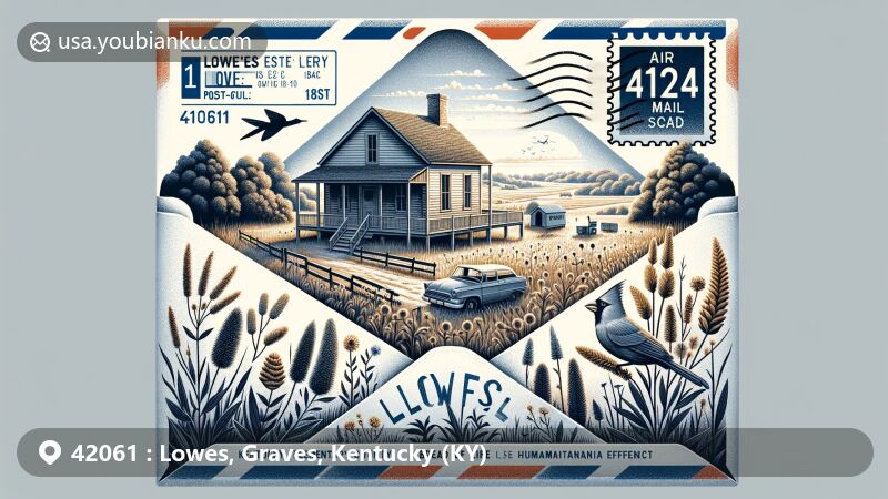 Modern illustration of Lowes, Graves County, Kentucky, postal code 42061, featuring creative airplane mail envelope with symbols of local history, including John Mike Lowe's original log cabin store, Lowes school and post office, Life Bread humanitarian efforts, and early settler description. Decorated with state flower Goldenrod and state bird Northern Cardinal, highlighting unique character and history of postal code 42061.